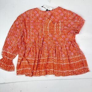 RD+Koko Orange Floral Boho Peasant Blouse • Ruffle Hem • M • NWT